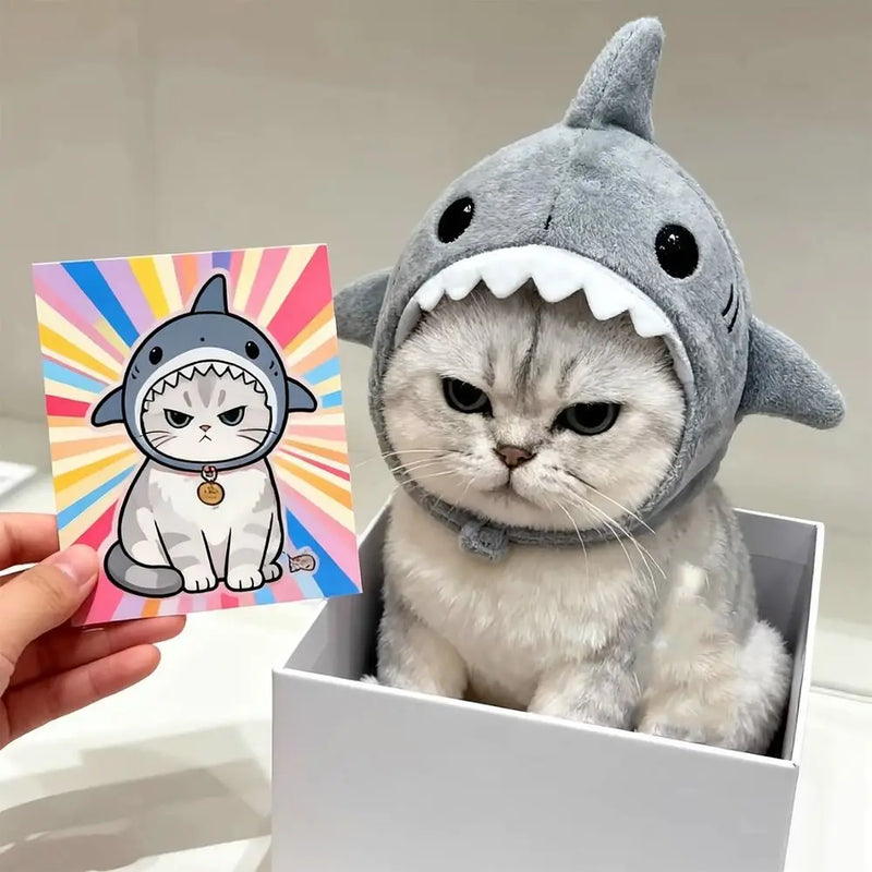 Cat wearing the shark headdress